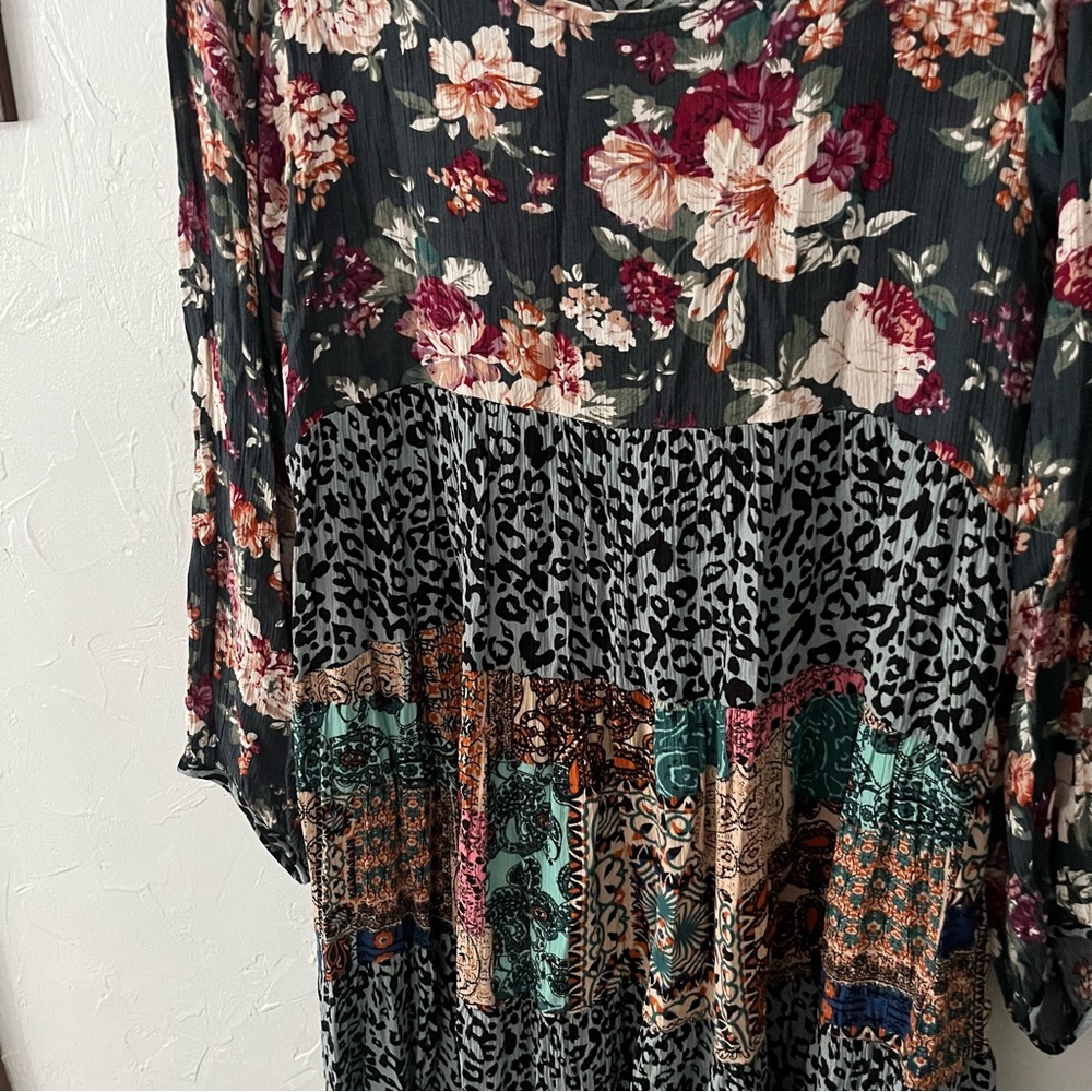 Umgee Floral Boho Bohemian Long Sleeve Mini Tunic Dress Patchwork Animal Print M - Picture 4 of 7